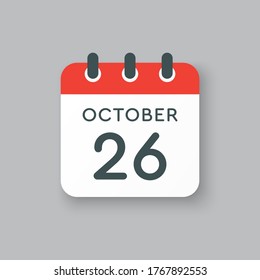 Vector icon calendar day - 26 October. Days of the year vector illustration flat style. Date day of month Sunday, Monday, Tuesday, Wednesday, Thursday, Friday, Saturday. Autumn holidays in October.