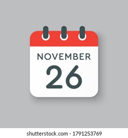 Día del calendario del icono del vector - 26 de noviembre. Días del año ilustración vectorial estilo plano. Fecha día del mes Domingo, Lunes, Martes, Miércoles, Jueves, Viernes, Sábado. Vacaciones de otoño en noviembre.