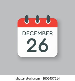 Icono vector día calendario - 26 de diciembre. 26 días del mes, estilo de ilustración vectorial. Fecha día de la semana Domingo, Lunes, Martes, Miércoles, Jueves, Viernes, Sábado. Vacaciones de invierno en diciembre.