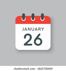 Vector icon calendar day - 26 January. 26th days of the month, vector illustration style. Date day of week Sunday, Monday, Tuesday, Wednesday, Thursday, Friday, Saturday. Winter holidays in January.