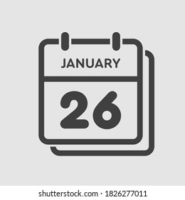 Vector icon calendar day - 26 January. 26th days of the month, vector illustration style. Date day of week Sunday, Monday, Tuesday, Wednesday, Thursday, Friday, Saturday. Winter holidays in January.