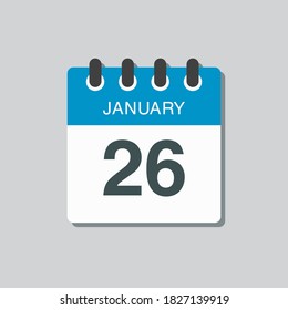 Vektorsymbol Kalendertag - 26. Januar. 26 Tage des Monats, Vektorgrafik-Stil. Tag der Woche Sonntag, Montag, Dienstag, Mittwoch, Donnerstag, Freitag, Samstag. Winterferien im Januar.