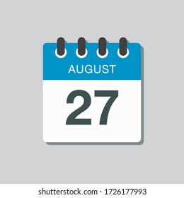 Vector icon calendar day - 27 August. Days of the year. Vector illustration flat style. Date day of month Sunday, Monday, Tuesday, Wednesday, Thursday, Friday, Saturday. Summer holidays spring August. svg