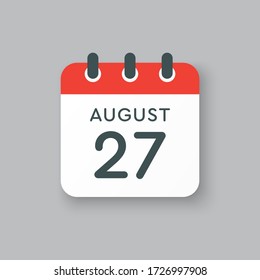 Icono vector día calendario - 27 de agosto. Días del año. Estilo plano de ilustración vectorial. Fecha día del mes Domingo, Lunes, Martes, Miércoles, Jueves, Viernes, Sábado. Las vacaciones de verano en la primavera de agosto.