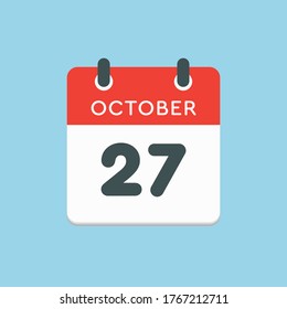 Vector icon calendar day - 27 October. Days of the year vector illustration flat style. Date day of month Sunday, Monday, Tuesday, Wednesday, Thursday, Friday, Saturday. Autumn holidays in October.