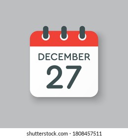 Vector icon calendar day - 27 December. 27th days of the month, vector illustration style. Date day of week Sunday, Monday, Tuesday, Wednesday, Thursday, Friday, Saturday. Winter holidays in December.