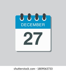 Vector icon calendar day - 27 December. 27th days of the month, vector illustration style. Date day of week Sunday, Monday, Tuesday, Wednesday, Thursday, Friday, Saturday. Winter holidays in December.