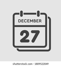 Vector icon calendar day - 27 December. 27th days of the month, vector illustration style. Date day of week Sunday, Monday, Tuesday, Wednesday, Thursday, Friday, Saturday. Winter holidays in December.