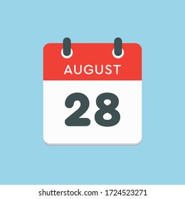 Vector icon calendar day - 28 August. Days of the year. Vector illustration flat style. Date day of month Sunday, Monday, Tuesday, Wednesday, Thursday, Friday, Saturday. Summer holidays spring August