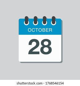 Vektorsymbol Kalendertag - 28. Oktober. Tage des Jahres Vektorgrafik flach Stil. Tag des Monats Sonntag, Montag, Dienstag, Mittwoch, Donnerstag, Freitag, Samstag. Herbstferien im Oktober.