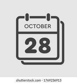 Vector icon calendar day - 28 October. Days of the year vector illustration flat style. Date day of month Sunday, Monday, Tuesday, Wednesday, Thursday, Friday, Saturday. Autumn holidays in October.