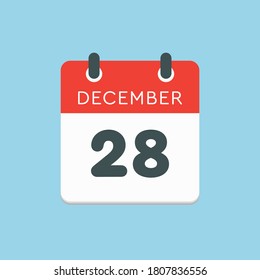 Vector icon calendar day - 28 December. 28th days of the month, vector illustration style. Date day of week Sunday, Monday, Tuesday, Wednesday, Thursday, Friday, Saturday. Winter holidays in December.