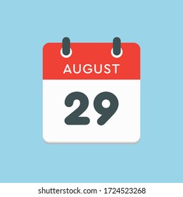 Vector icon calendar day - 29 August. Days of the year. Vector illustration flat style. Date day of month Sunday, Monday, Tuesday, Wednesday, Thursday, Friday, Saturday. Summer holidays spring August