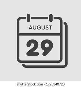 Vector icon calendar day - 29 August. Days of the year. Vector illustration flat style. Date day of month Sunday, Monday, Tuesday, Wednesday, Thursday, Friday, Saturday. Summer holidays spring August.