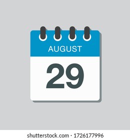 Vector Symbol Kalendertag - 29. August. Tage des Jahres. Vector Illustrationsflache Stil. Tag des Monats Sonntag, Montag, Dienstag, Mittwoch, Donnerstag, Freitag, Samstag. Sommerferien Frühjahr August.