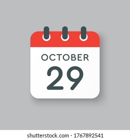 Día del calendario del icono del vector - 29 de octubre. Días del año ilustración vectorial estilo plano. Fecha día del mes Domingo, Lunes, Martes, Miércoles, Jueves, Viernes, Sábado. Vacaciones de otoño en octubre.