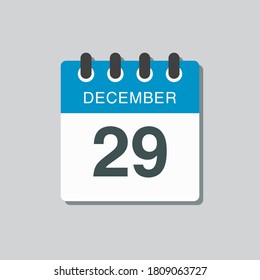 Vector icon calendar day - 29 December. 29th days of the month, vector illustration style. Date day of week Sunday, Monday, Tuesday, Wednesday, Thursday, Friday, Saturday. Winter holidays in December.