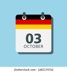 Vektorillustration Icon Kalendertag - 3 Oktober. Tage des Jahres. Tag des Monats Sonntag, Montag, Dienstag, Mittwoch, Donnerstag, Freitag, Samstag. Feiertage, Jahrestag, Unabhängigkeitstag Deutschland Europa.
