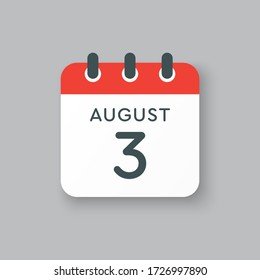 Vector icon calendar day - 3 August. Days of the year. Vector illustration flat style. Date day of month Sunday, Monday, Tuesday, Wednesday, Thursday, Friday, Saturday. Summer holidays spring August.