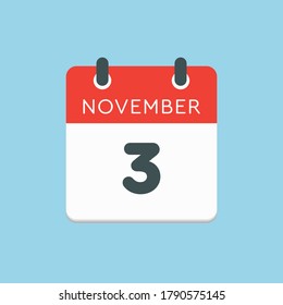 Vektorsymbol Kalendertag - 3. November. Tage des Jahres Vektorgrafik flach Stil. Tag des Monats Sonntag, Montag, Dienstag, Mittwoch, Donnerstag, Freitag, Samstag. Herbstferien im November.