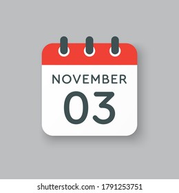 Vector icon calendar day - 3 November. Days of the year vector illustration flat style. Date day of month Sunday, Monday, Tuesday, Wednesday, Thursday, Friday, Saturday. Autumn holidays in November.