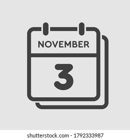 Vector icon calendar day - 3 November. Days of the year vector illustration flat style. Date day of month Sunday, Monday, Tuesday, Wednesday, Thursday, Friday, Saturday. Autumn holidays in November.