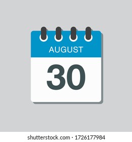 Vector icon calendar day - 30 August. Days of the year. Vector illustration flat style. Date day of month Sunday, Monday, Tuesday, Wednesday, Thursday, Friday, Saturday. Summer holidays spring August.