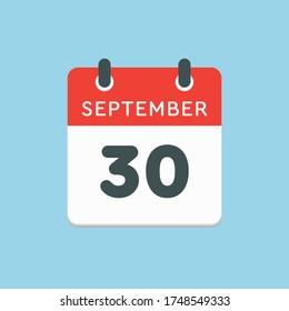 Vector icon calendar day - 30 September. Days of the year vector illustration flat style. Date day of month Sunday, Monday, Tuesday, Wednesday, Thursday, Friday, Saturday. Autumn holidays in September