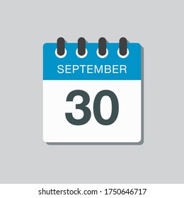 Vector icon calendar day - 30 September. Days of the year vector illustration flat style. Date day of month Sunday, Monday, Tuesday, Wednesday, Thursday, Friday, Saturday. Autumn holidays in September