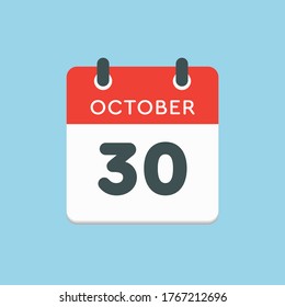 Vector icon calendar day - 30 October. Days of the year vector illustration flat style. Date day of month Sunday, Monday, Tuesday, Wednesday, Thursday, Friday, Saturday. Autumn holidays in October.