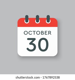 Vector icon calendar day - 30 October. Days of the year vector illustration flat style. Date day of month Sunday, Monday, Tuesday, Wednesday, Thursday, Friday, Saturday. Autumn holidays in October.