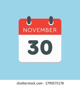 Vector icon calendar day - 30 November. Days of the year vector illustration flat style. Date day of month Sunday, Monday, Tuesday, Wednesday, Thursday, Friday, Saturday. Autumn holidays in November.