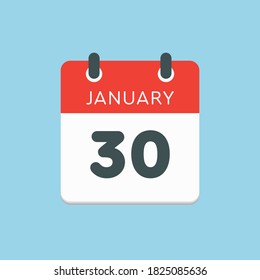 Vector icon calendar day - 30 January. 30th days of the month, vector illustration style. Date day of week Sunday, Monday, Tuesday, Wednesday, Thursday, Friday, Saturday. Winter holidays in January.