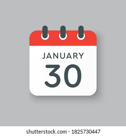 Vektorsymbol Kalendertag - 30. Januar. 30 Tage des Monats, Vektorgrafik-Stil. Tag der Woche Sonntag, Montag, Dienstag, Mittwoch, Donnerstag, Freitag, Samstag. Winterferien im Januar.