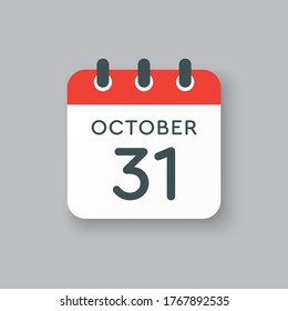 Vector icon calendar day - 31 October. Days of the year vector illustration flat style. Date day of month Sunday, Monday, Tuesday, Wednesday, Thursday, Friday, Saturday. Autumn holidays in October.