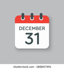 Vector icon calendar day - 31 December. 31th days of the month, vector illustration style. Date day of week Sunday, Monday, Tuesday, Wednesday, Thursday, Friday, Saturday. Winter holidays in December.