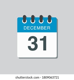 Vector icon calendar day - 31 December. 31th days of the month, vector illustrationstyle. Date day of week Sunday, Monday, Tuesday, Wednesday, Thursday, Friday, Saturday. Winter holidays in December.