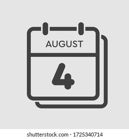 Vector Symbol Kalendertag - 4. August. Tage des Jahres. Vector Illustrationsflache Stil. Tag des Monats Sonntag, Montag, Dienstag, Mittwoch, Donnerstag, Freitag, Samstag. Sommerferien Frühjahr August.