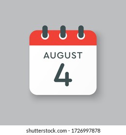 Vector icon calendar day - 4 August. Days of the year. Vector illustration flat style. Date day of month Sunday, Monday, Tuesday, Wednesday, Thursday, Friday, Saturday. Summer holidays spring August.