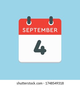 Icono vector día calendario - 4 de septiembre. Días del año ilustración vectorial estilo plano. Fecha día del mes Domingo, Lunes, Martes, Miércoles, Jueves, Viernes, Sábado. Vacaciones de otoño en septiembre