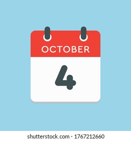 Vector icon calendar day - 4 October. Days of the year vector illustration flat style. Date day of month Sunday, Monday, Tuesday, Wednesday, Thursday, Friday, Saturday. Autumn holidays in October.