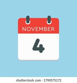 Vektorsymbol Kalendertag - 4. November. Tage des Jahres Vektorgrafik flach Stil. Tag des Monats Sonntag, Montag, Dienstag, Mittwoch, Donnerstag, Freitag, Samstag. Herbstferien im November.