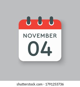 Día del calendario del icono del vector - 4 de noviembre. Días del año ilustración vectorial estilo plano. Fecha día del mes Domingo, Lunes, Martes, Miércoles, Jueves, Viernes, Sábado. Vacaciones de otoño en noviembre.