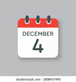 Vector icon calendar day - 4 December. 4th days of the month, vector illustration style. Date day of week Sunday, Monday, Tuesday, Wednesday, Thursday, Friday, Saturday. Winter holidays in December.