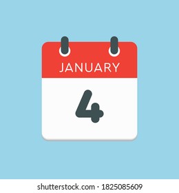 Vektorsymbol Kalendertag - 4. Januar. 4. Tage des Monats, Vektorgrafik-Stil. Tag der Woche Sonntag, Montag, Dienstag, Mittwoch, Donnerstag, Freitag, Samstag. Winterferien im Januar.