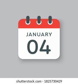 Vector icon calendar day - 4 January. 4th days of the month, vector illustration style. Date day of week Sunday, Monday, Tuesday, Wednesday, Thursday, Friday, Saturday. Winter holidays in January.