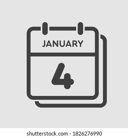 Vector icon calendar day - 4 January. 4th days of the month, vector illustration style. Date day of week Sunday, Monday, Tuesday, Wednesday, Thursday, Friday, Saturday. Winter holidays in January.