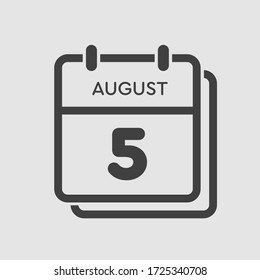 Vector icon calendar day - 5 August. Days of the year. Vector illustration flat style. Date day of month Sunday, Monday, Tuesday, Wednesday, Thursday, Friday, Saturday. Summer holidays spring August.