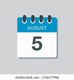 Vector Symbol Kalendertag - 5. August. Tage des Jahres. Vector Illustrationsflache Stil. Tag des Monats Sonntag, Montag, Dienstag, Mittwoch, Donnerstag, Freitag, Samstag. Sommerferien Frühjahr August.