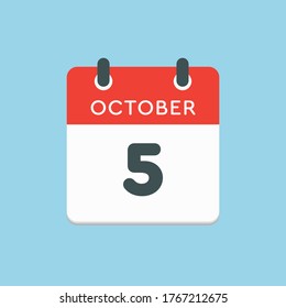 Vector icon calendar day - 5 October. Days of the year vector illustration flat style. Date day of month Sunday, Monday, Tuesday, Wednesday, Thursday, Friday, Saturday. Autumn holidays in October.